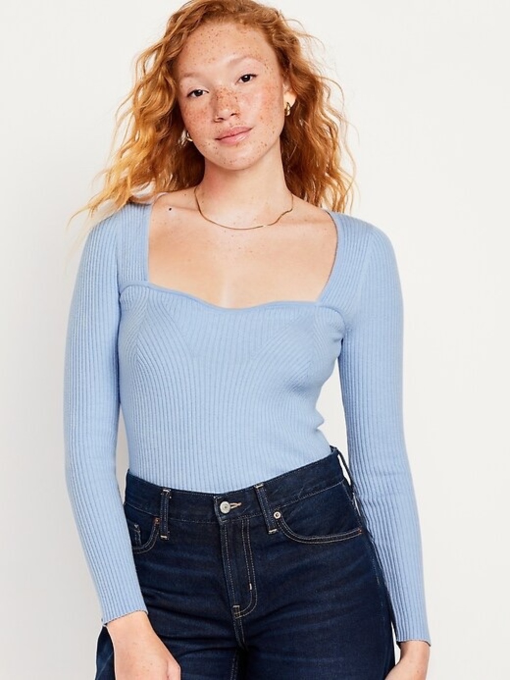 Old Navy Light Blue Ribbed Square-Neck Long Sleeve Top